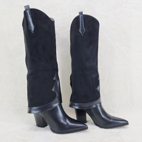 Branded Black Skirted Fold Over Western Knee High Cowgirl Boots - Picture 3 of 8